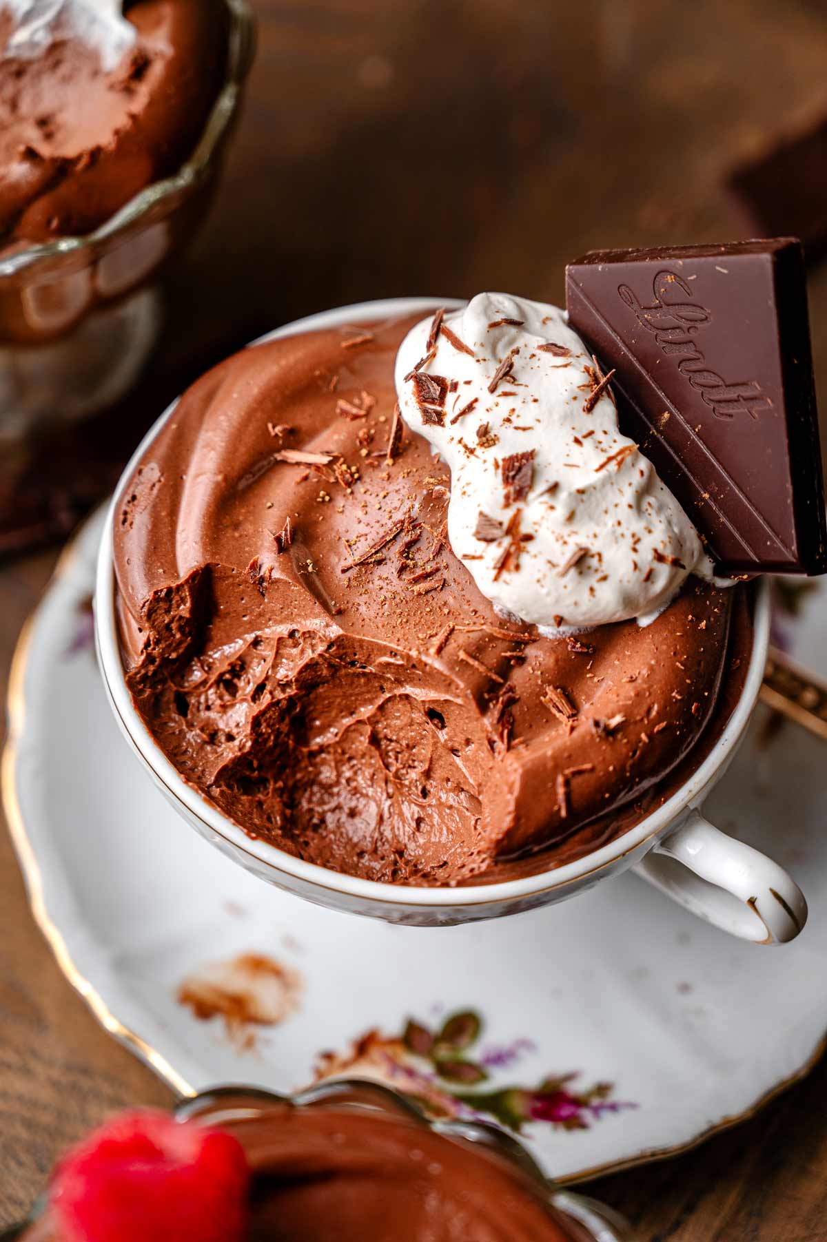 vegan tofu chocolate mousse in a vintage tea cup.