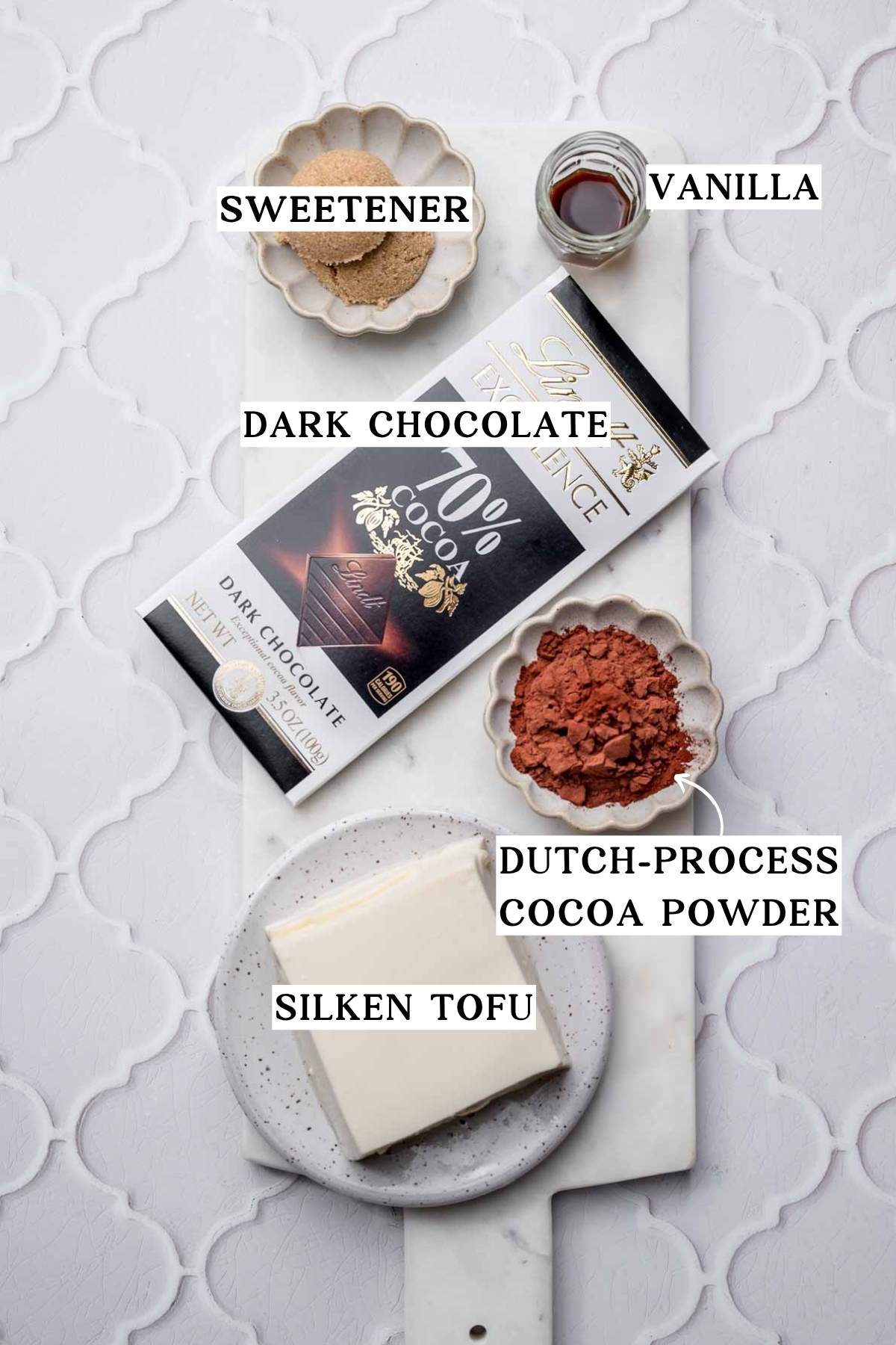 Ingredients including dark chocolate, Dutch-process cocoa powder, sweetener, vanilla, and silken tofu.