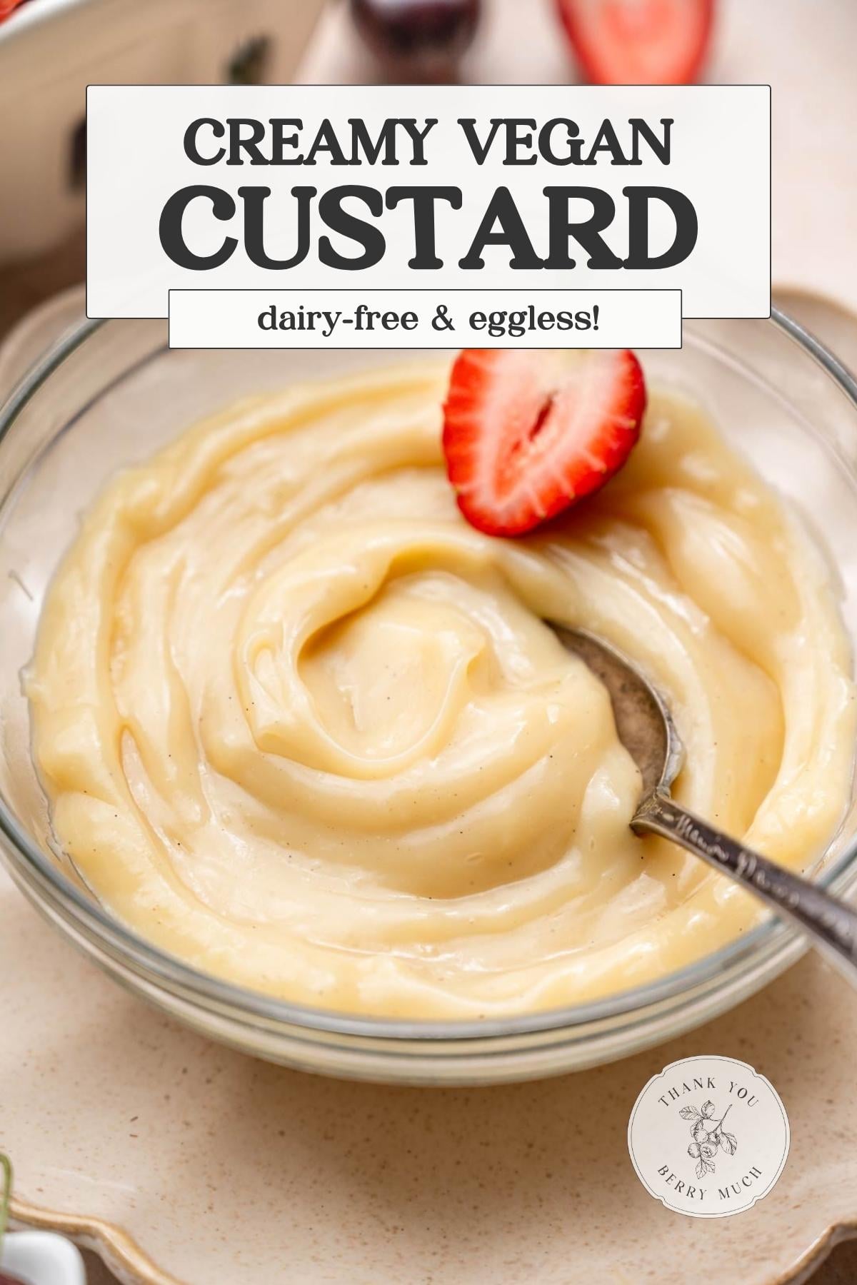 a close up of the vegan custard with a text overlay describing the recipe.