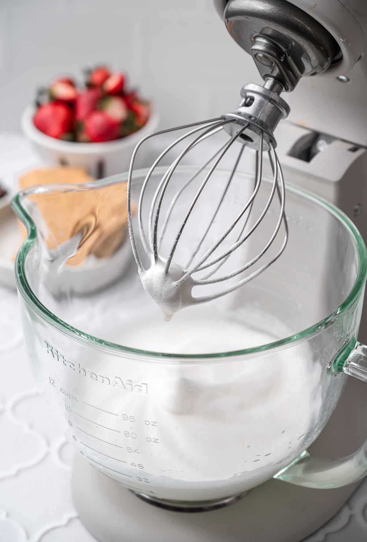 the vegan egg white foam whipped into stiff peaks.