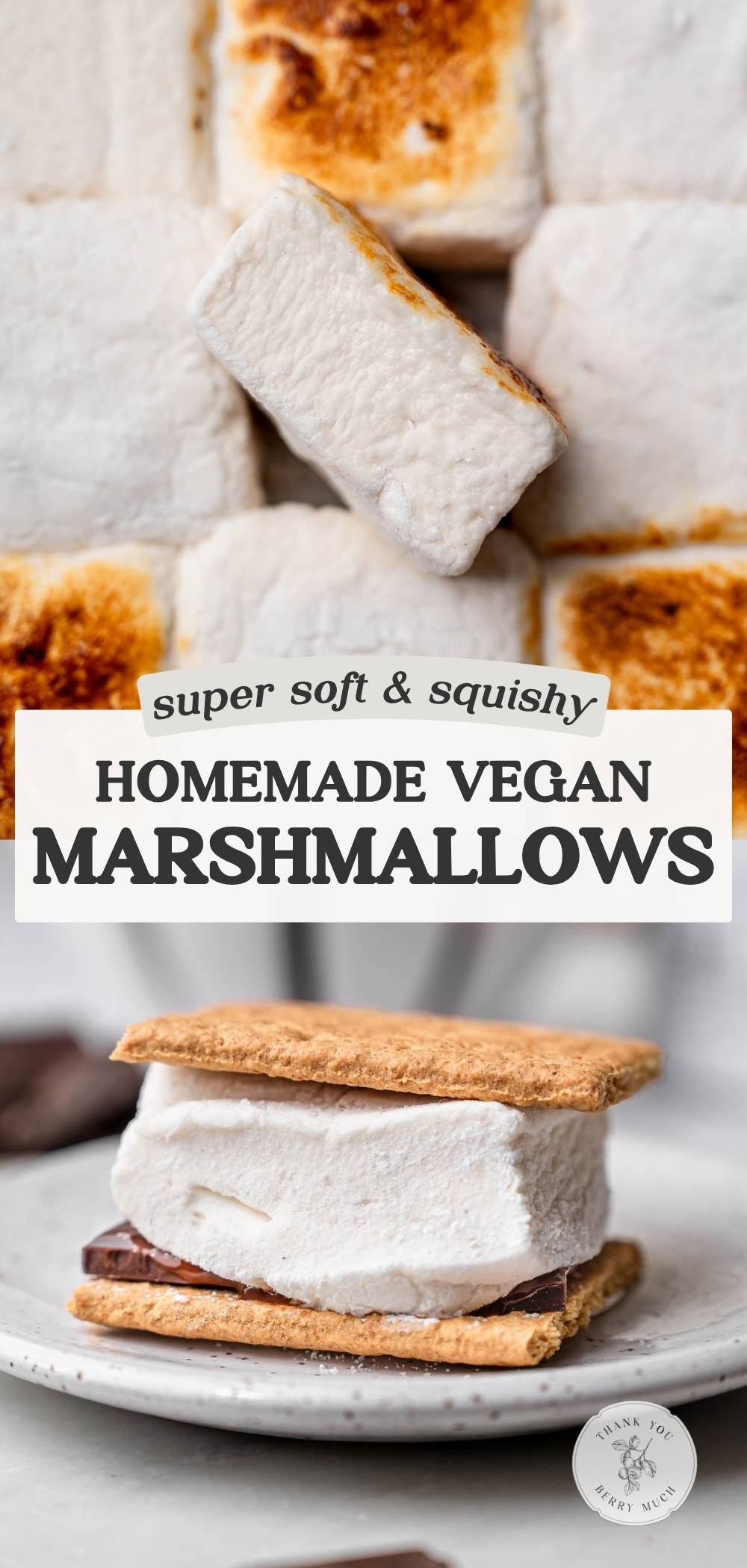 Homemade vegan marshmallow Pinterest pin with toasted marshmallow squares at the top and a s’more made with a thick vegan marshmallow, chocolate, and graham crackers at the bottom. Text reads “super soft & squishy homemade vegan marshmallows.”