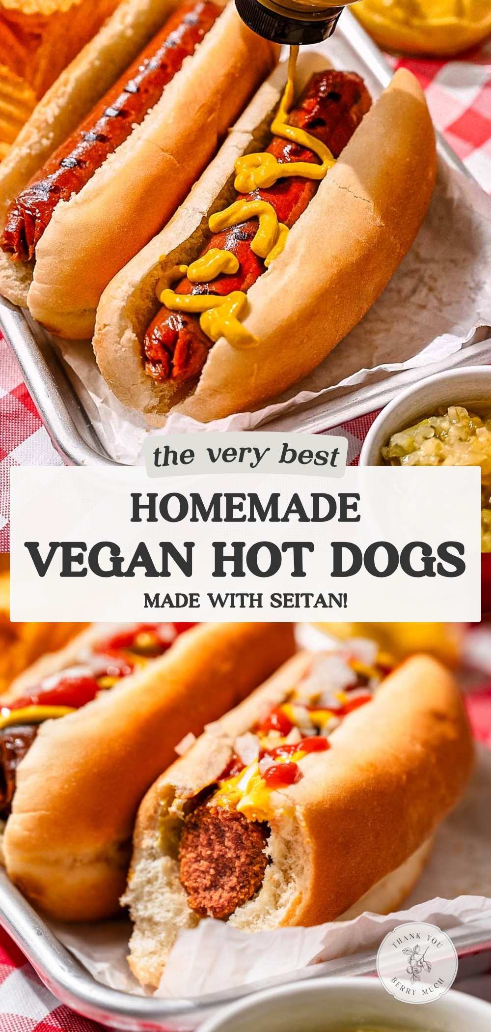 a pinterest pin for the seitan hot dog recipe.