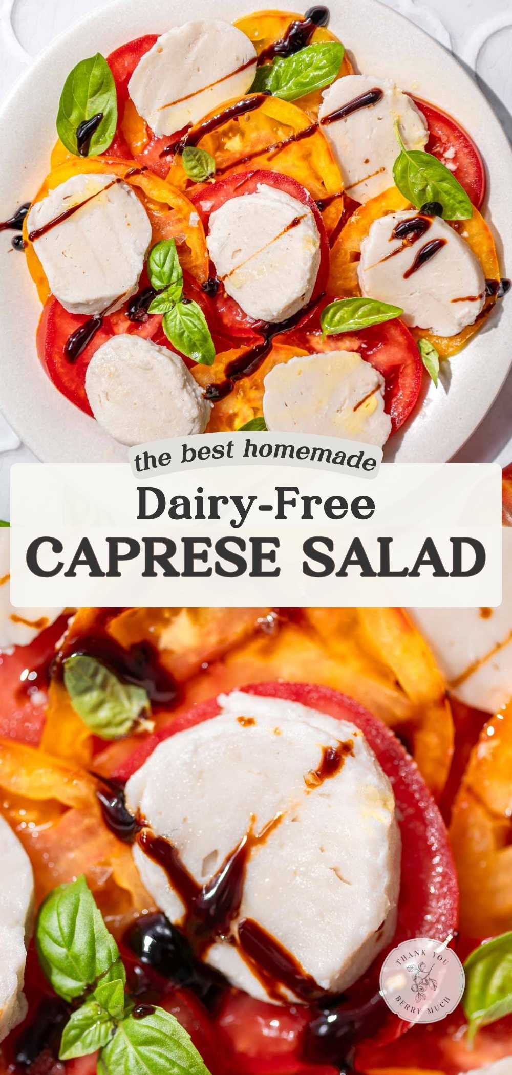 a pinterest graphic for the vegan caprese salad with a collage and a text overlay.