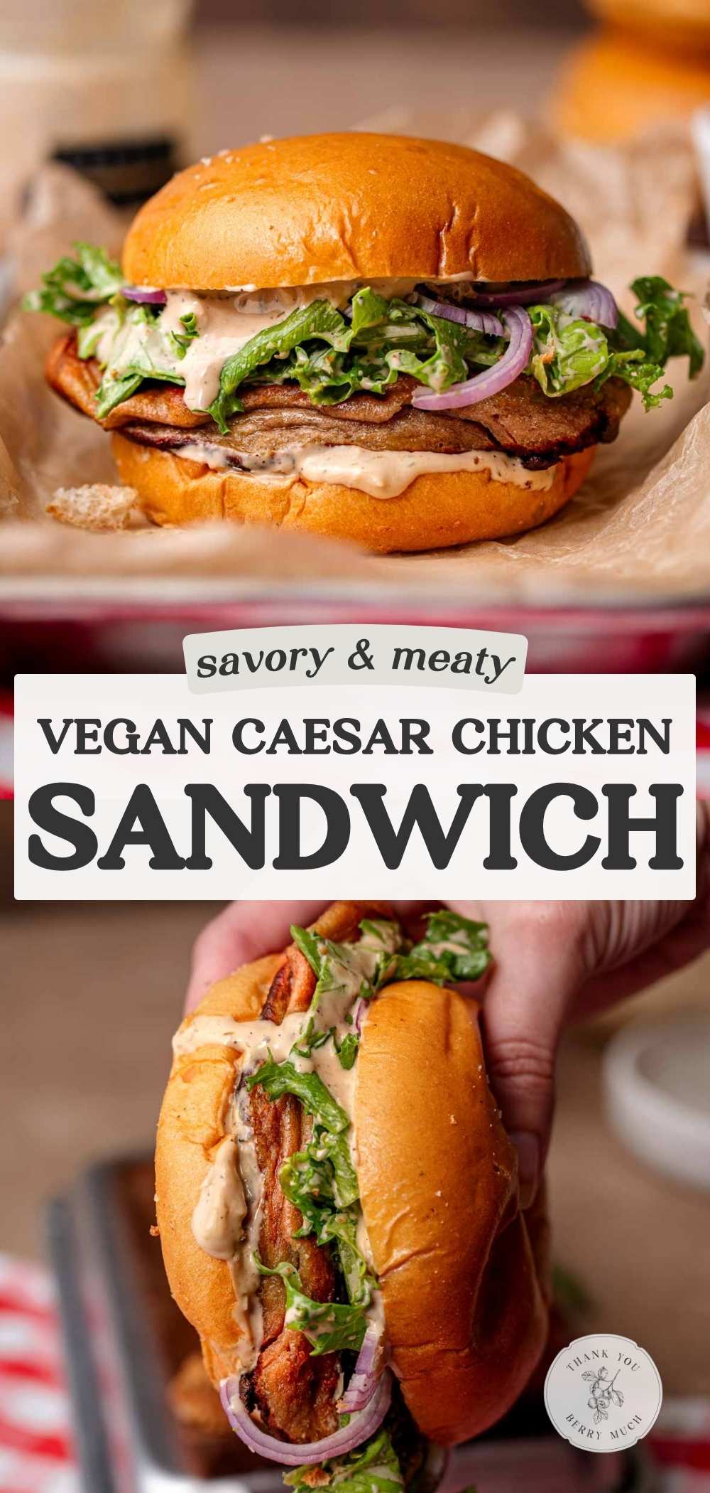 a pinterest pin for the caesar vegan chicken sandwich recipe.