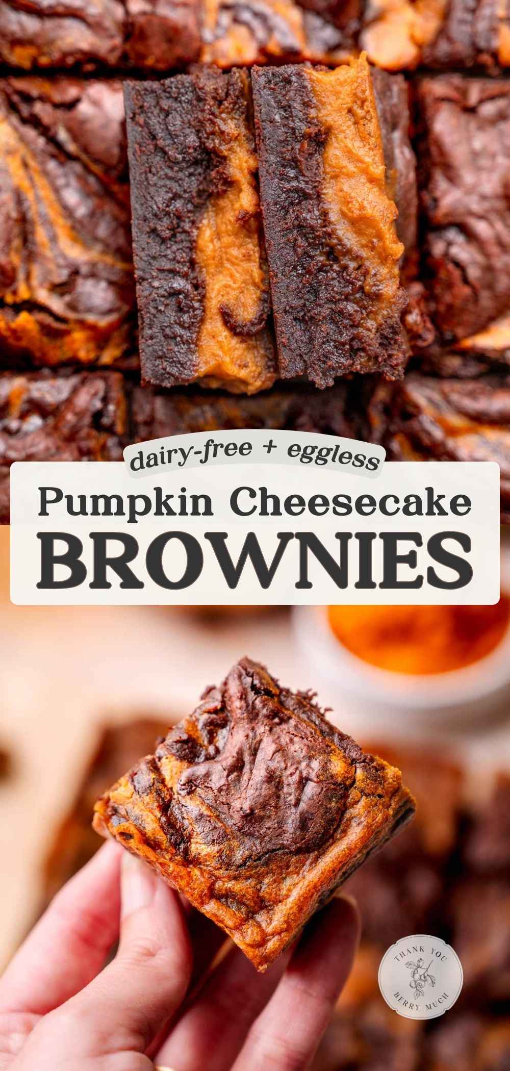 a pinterest collage with a text overlay describing the pumpkin cheesecake brownie recipe.