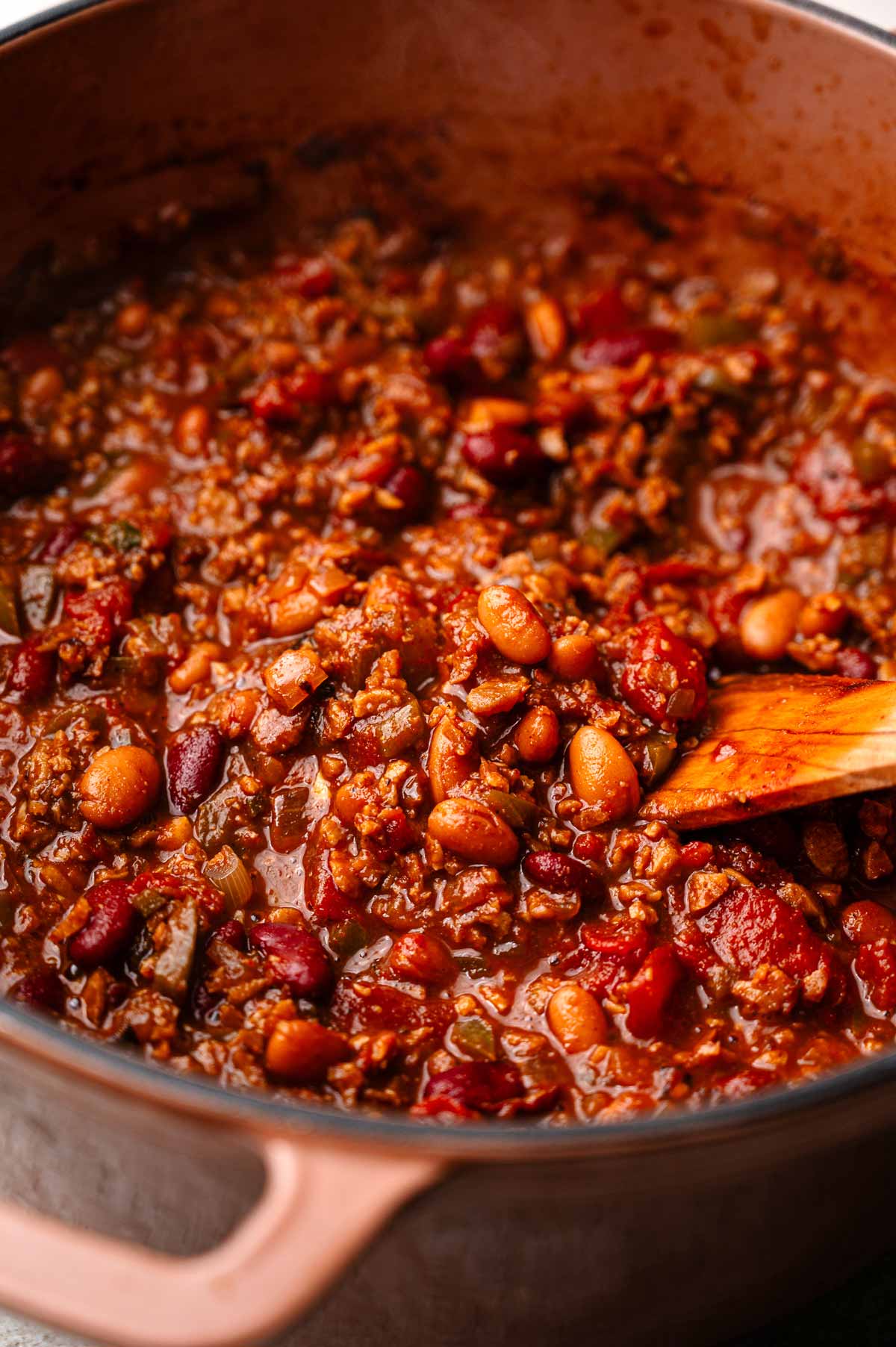 simmered vegan chili made with tvp beef and beans.