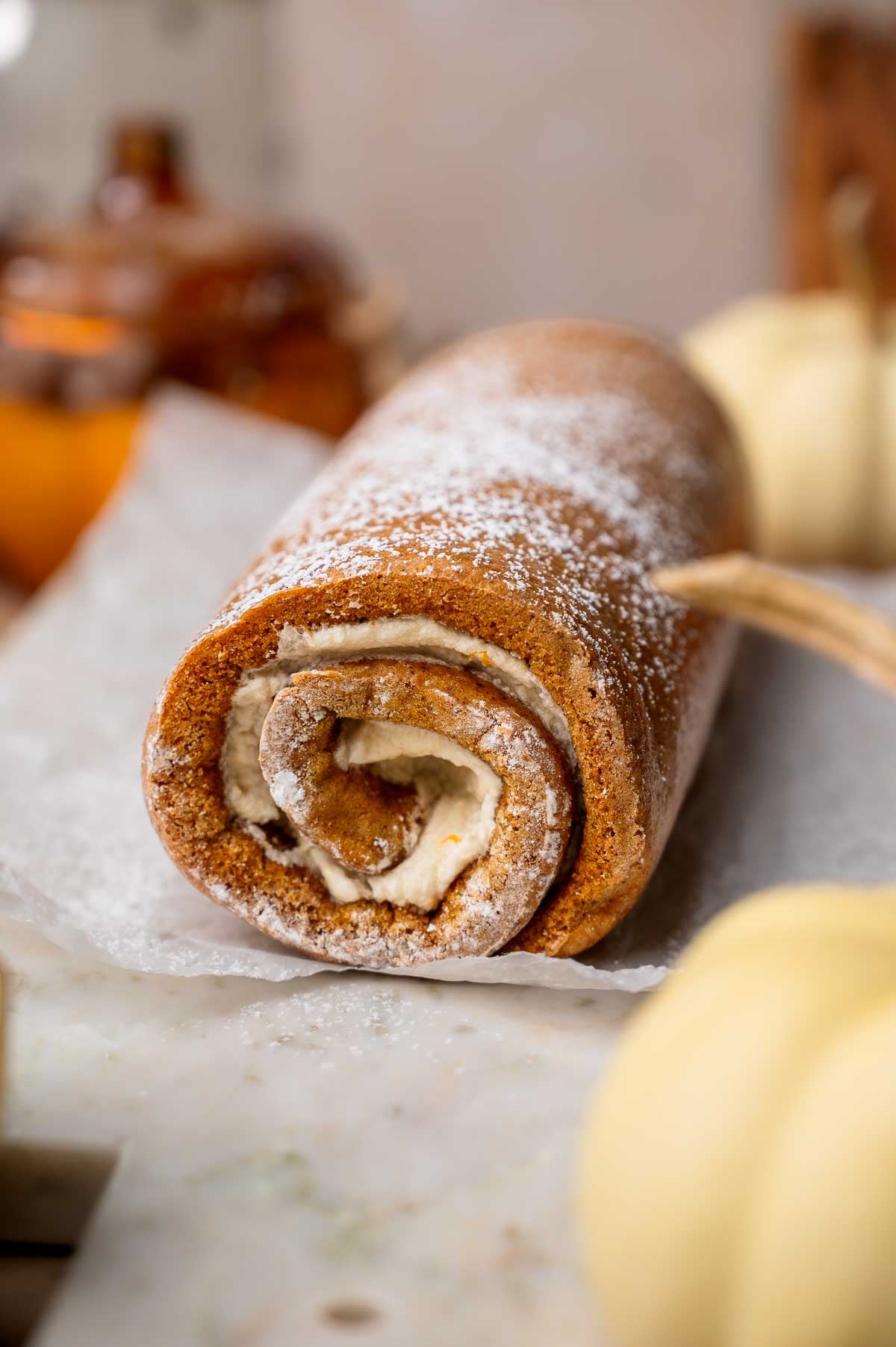 the finished pumpkin roll cake.