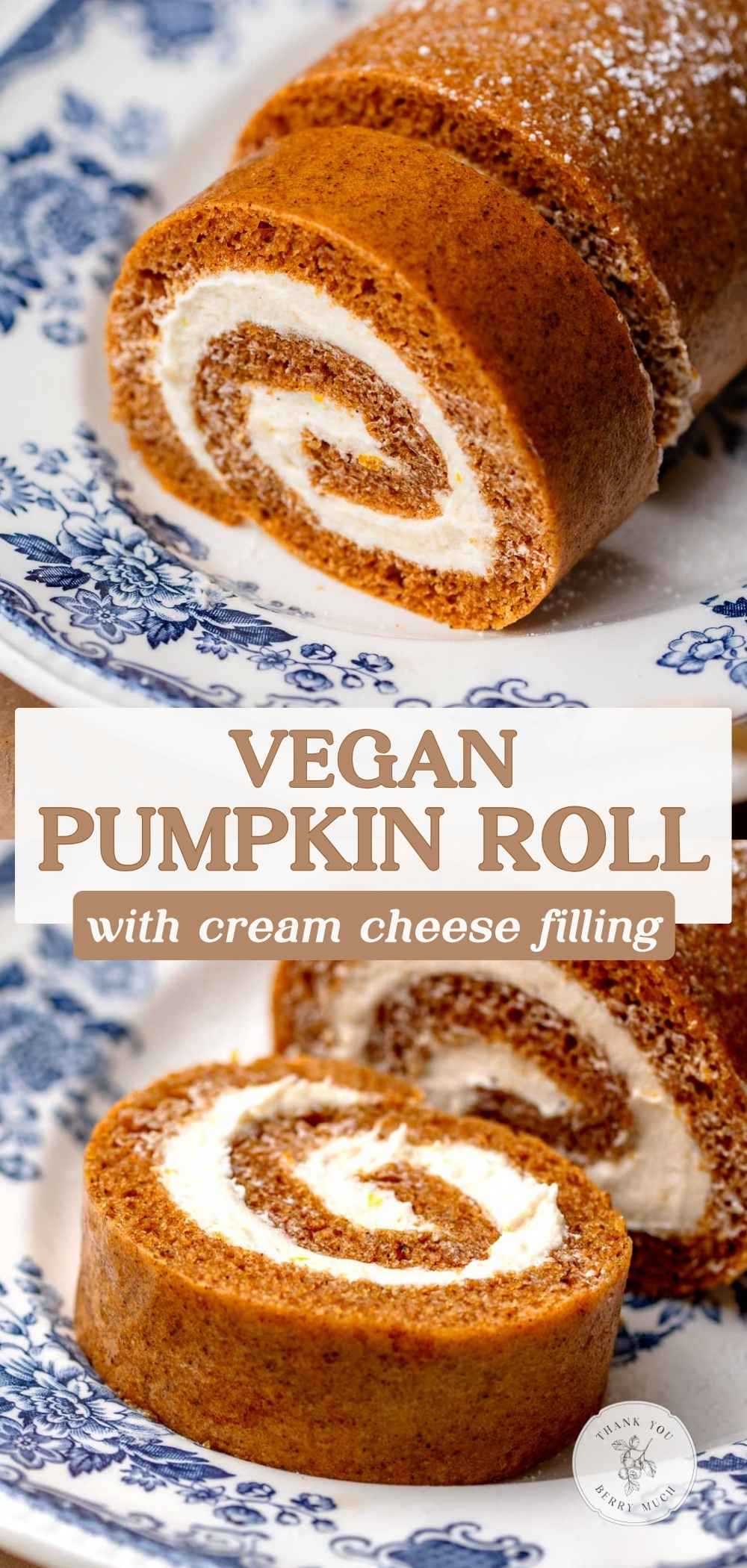 Vegan pumpkin roll with cream cheese filling, showing slices of spiced pumpkin sponge with a creamy swirl.