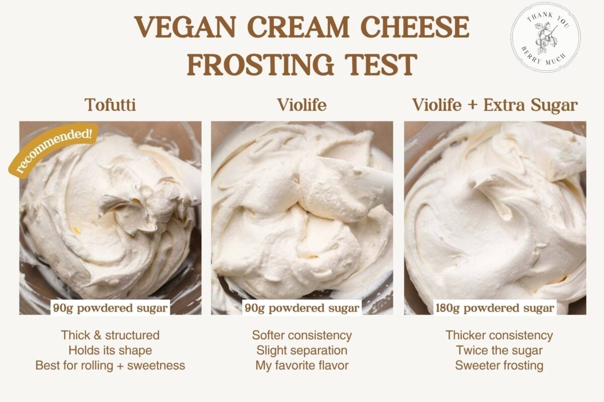 Three vegan cream cheese frosting tests comparing Tofutti and Violife with 90g and 180g powdered sugar.